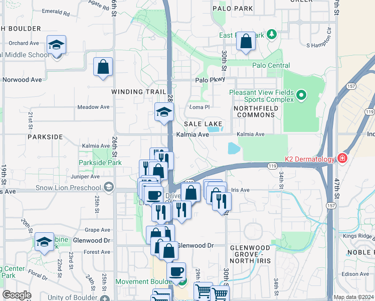 map of restaurants, bars, coffee shops, grocery stores, and more near 2800 Kalmia Avenue in Boulder