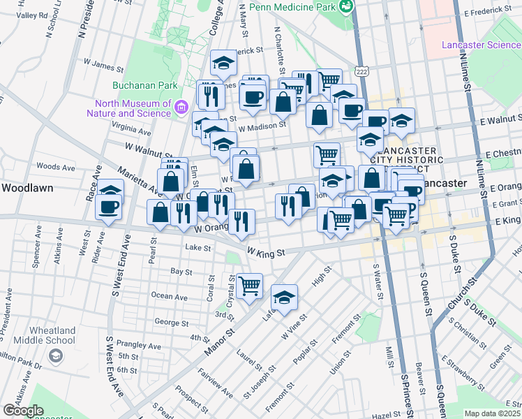map of restaurants, bars, coffee shops, grocery stores, and more near 116 North Mary Street in Lancaster