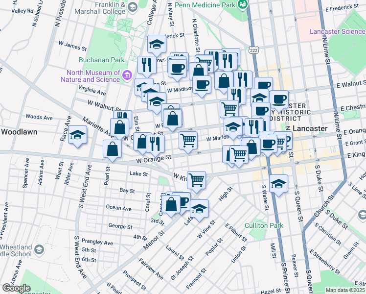 map of restaurants, bars, coffee shops, grocery stores, and more near 116 North Mary Street in Lancaster