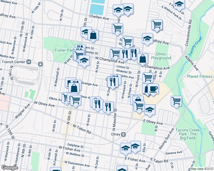 map of restaurants, bars, coffee shops, grocery stores, and more near 5805 North Philip Street in Philadelphia