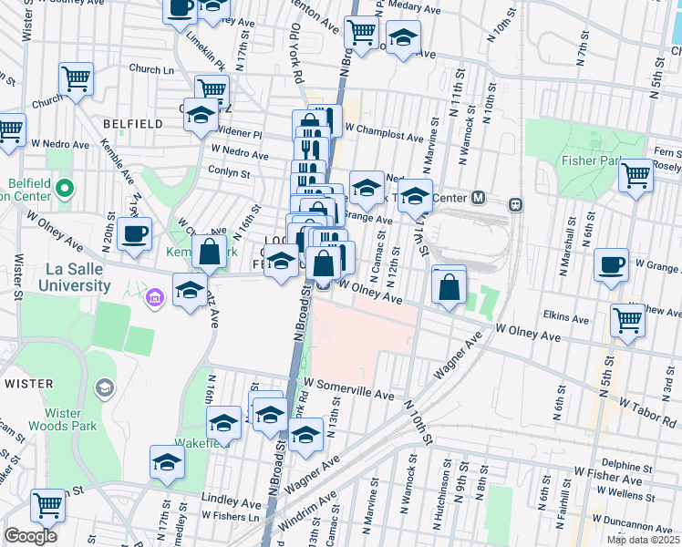 map of restaurants, bars, coffee shops, grocery stores, and more near 5607 North Park Avenue in Philadelphia