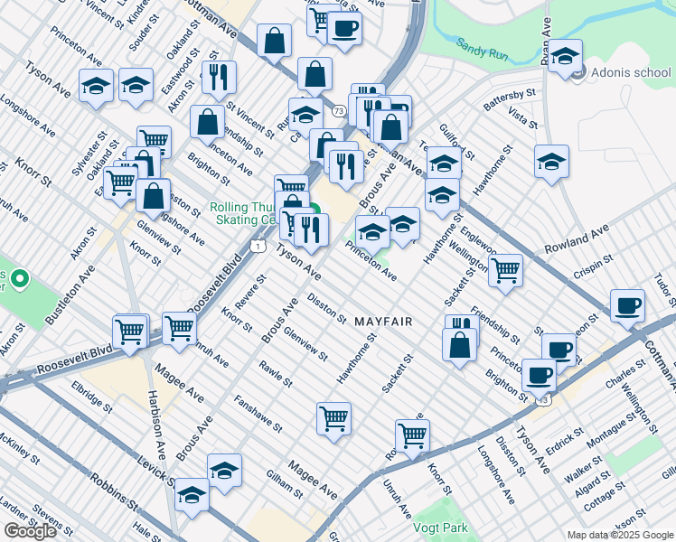 map of restaurants, bars, coffee shops, grocery stores, and more near 2902 Brighton Street in Philadelphia