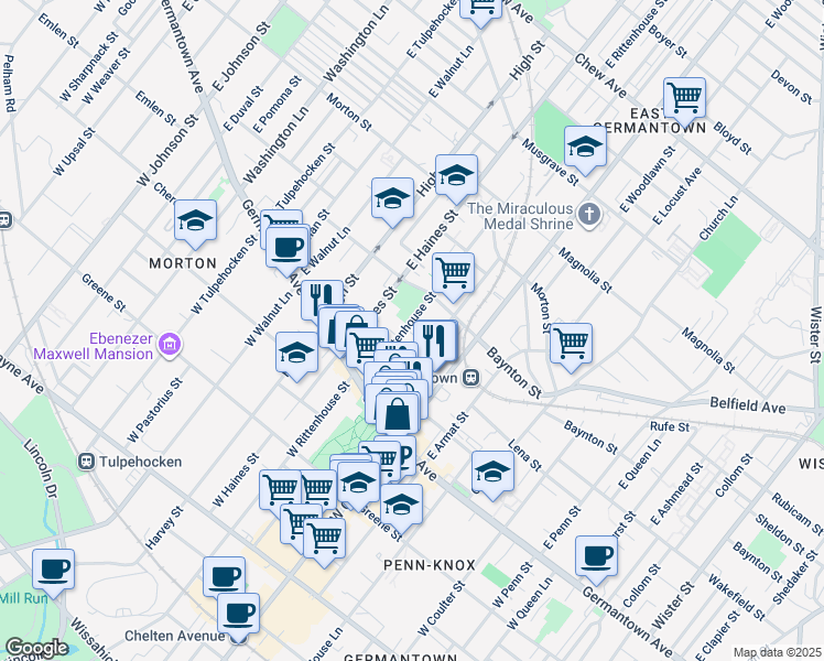 map of restaurants, bars, coffee shops, grocery stores, and more near 5829 Wakefield Street in Philadelphia