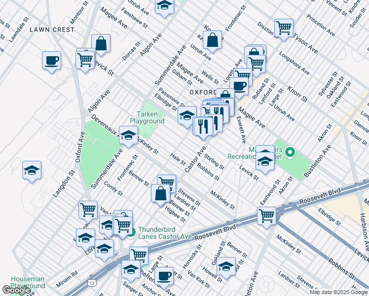 map of restaurants, bars, coffee shops, grocery stores, and more near 1310 Stirling Street in Philadelphia
