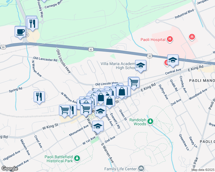 map of restaurants, bars, coffee shops, grocery stores, and more near 328 Old Lincoln Highway in Malvern