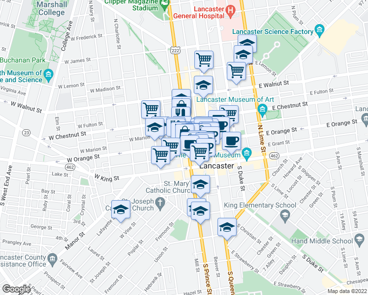 map of restaurants, bars, coffee shops, grocery stores, and more near 108 West Orange Street in Lancaster