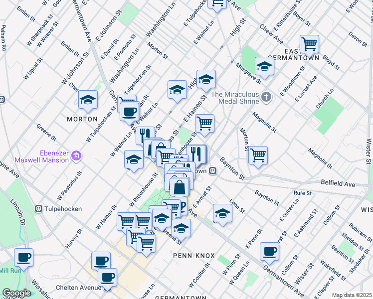 map of restaurants, bars, coffee shops, grocery stores, and more near 5829 Wakefield Street in Philadelphia