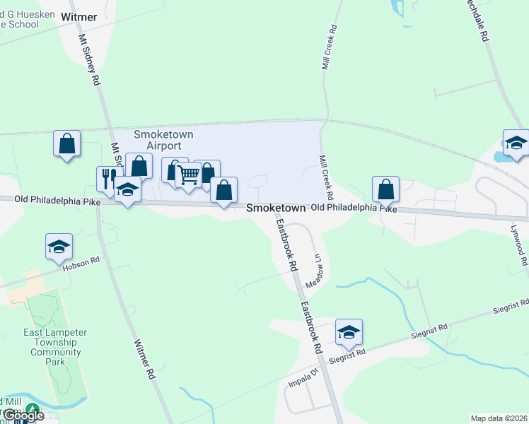 map of restaurants, bars, coffee shops, grocery stores, and more near in Smoketown