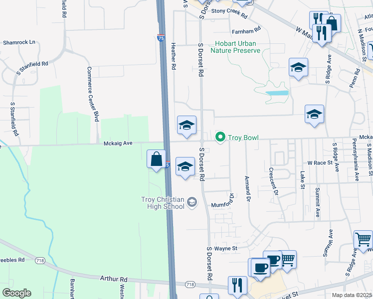 map of restaurants, bars, coffee shops, grocery stores, and more near 1586 Mckaig Avenue in Troy