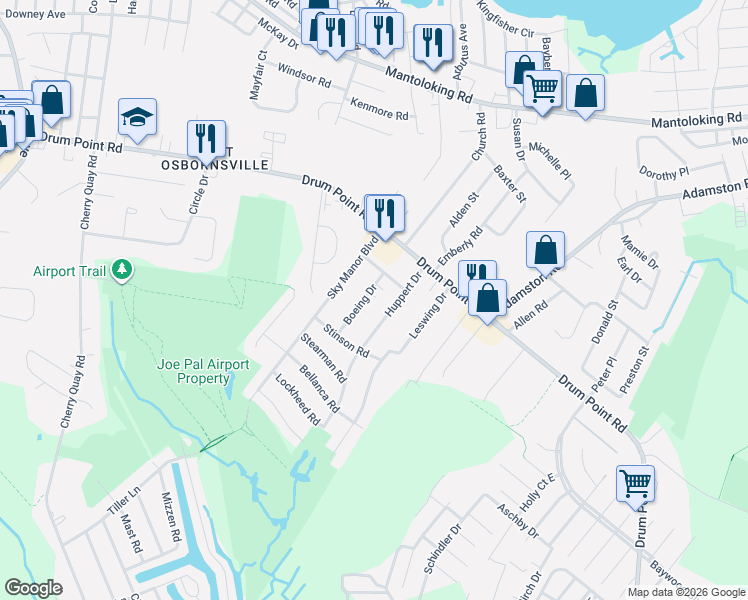 map of restaurants, bars, coffee shops, grocery stores, and more near 284 Boeing Drive in Brick Township