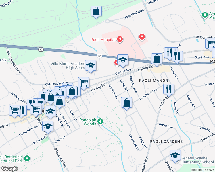 map of restaurants, bars, coffee shops, grocery stores, and more near 468 East King Road in Malvern