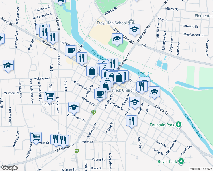 map of restaurants, bars, coffee shops, grocery stores, and more near in Troy