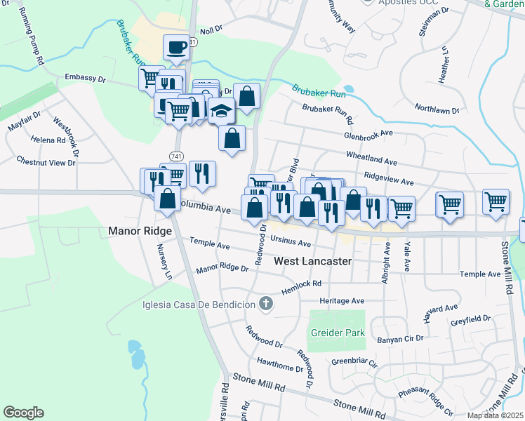 map of restaurants, bars, coffee shops, grocery stores, and more near 2015 Columbia Avenue in Lancaster