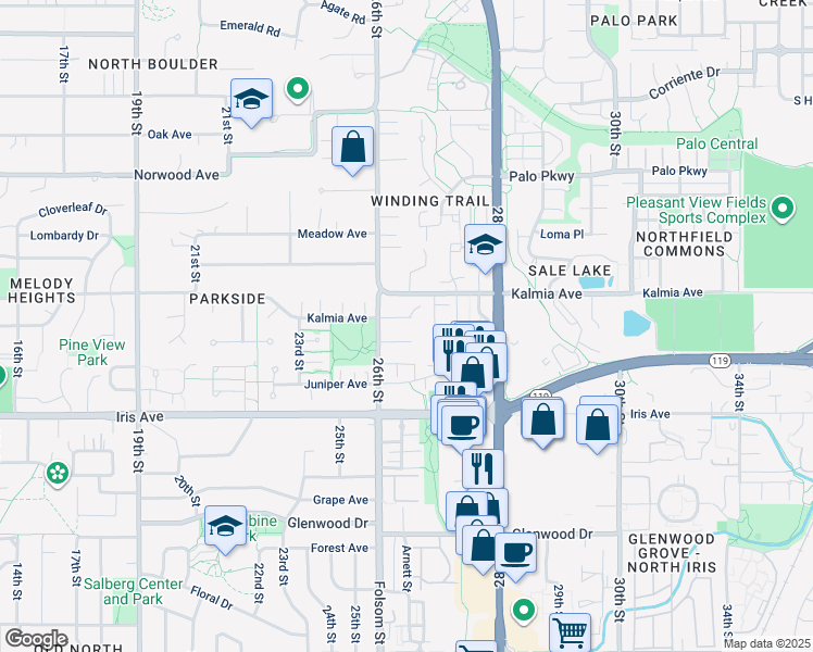 map of restaurants, bars, coffee shops, grocery stores, and more near 2623 Sherwood Circle in Boulder