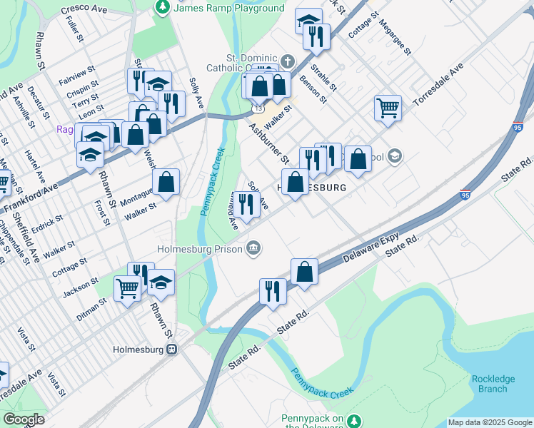 map of restaurants, bars, coffee shops, grocery stores, and more near 4640 Solly Avenue in Philadelphia