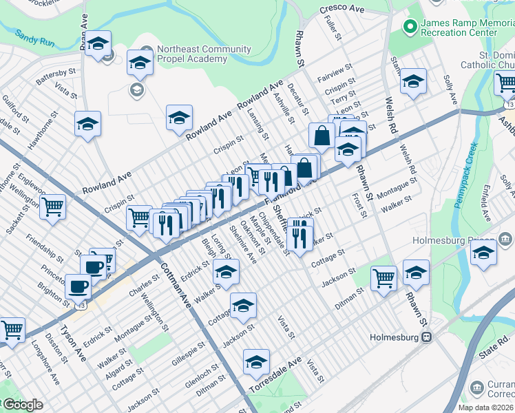 map of restaurants, bars, coffee shops, grocery stores, and more near 7544 Frankford Avenue in Philadelphia