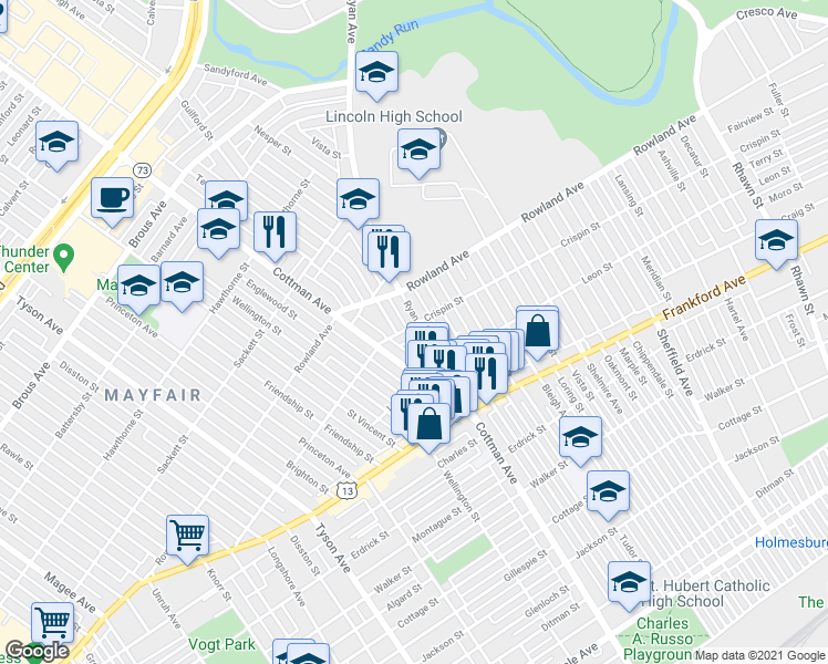 map of restaurants, bars, coffee shops, grocery stores, and more near 3329 Guilford Street in Philadelphia
