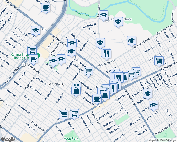 map of restaurants, bars, coffee shops, grocery stores, and more near 3246 Cottman Avenue in Philadelphia