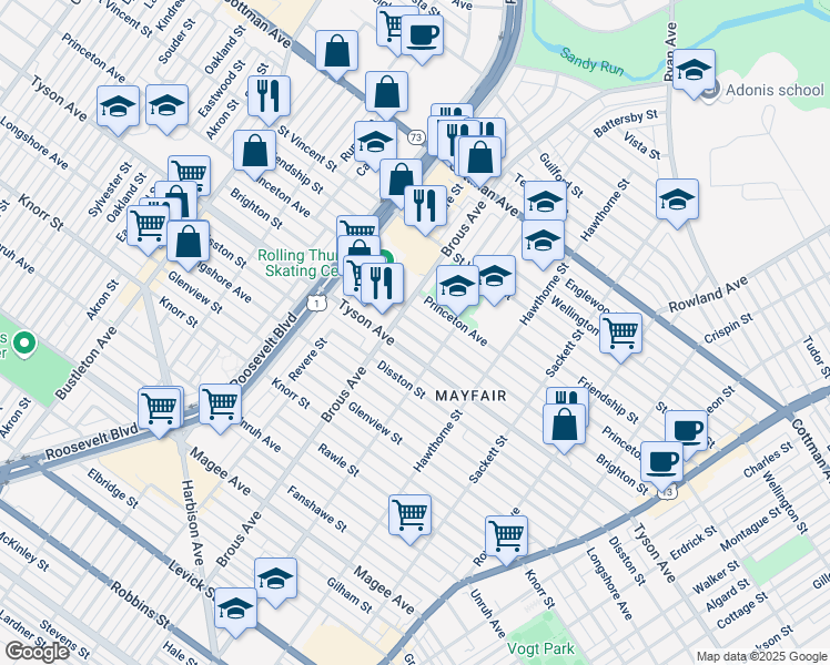 map of restaurants, bars, coffee shops, grocery stores, and more near 2902 Brighton Street in Philadelphia