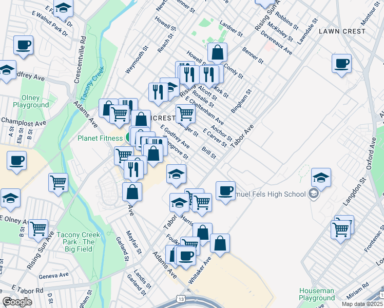 map of restaurants, bars, coffee shops, grocery stores, and more near 587 East Godfrey Avenue in Philadelphia