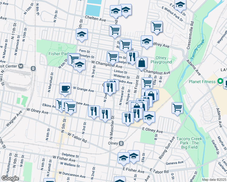 map of restaurants, bars, coffee shops, grocery stores, and more near 5837 North Mascher Street in Philadelphia