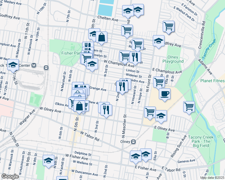map of restaurants, bars, coffee shops, grocery stores, and more near 5818 North American Street in Philadelphia