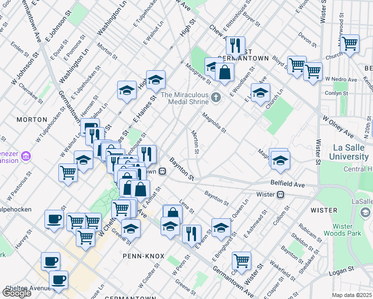 map of restaurants, bars, coffee shops, grocery stores, and more near 5645 Heiskell Street in Philadelphia