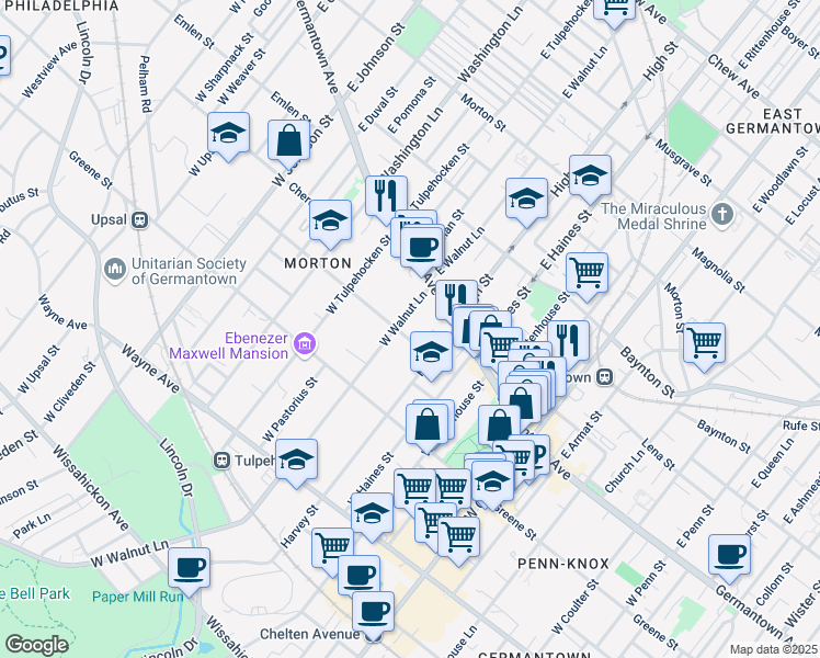 map of restaurants, bars, coffee shops, grocery stores, and more near 45 West Walnut Lane in Philadelphia