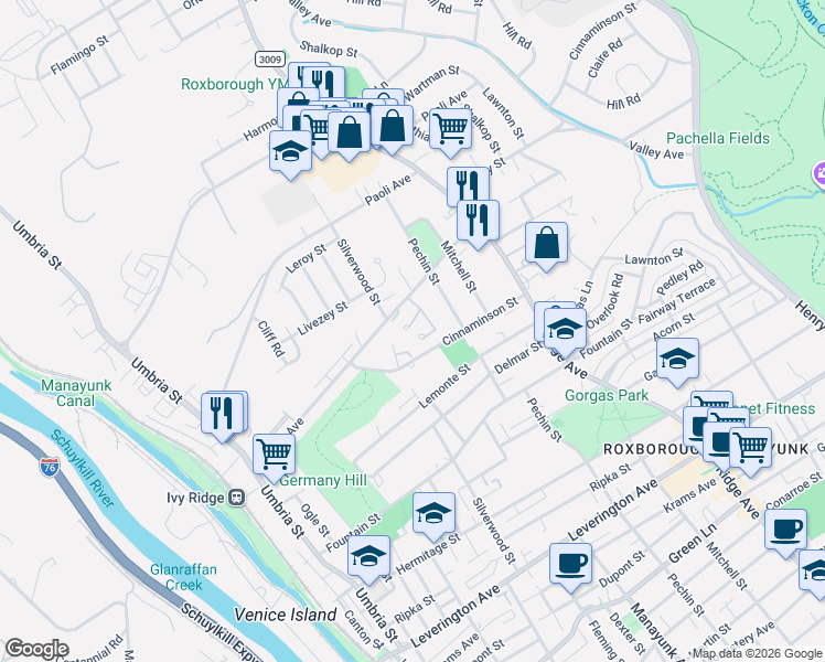 map of restaurants, bars, coffee shops, grocery stores, and more near 302 Ginger Lane in Philadelphia
