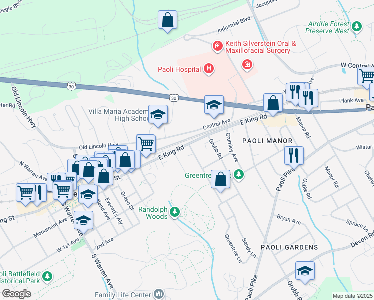 map of restaurants, bars, coffee shops, grocery stores, and more near 468 East King Road in Malvern
