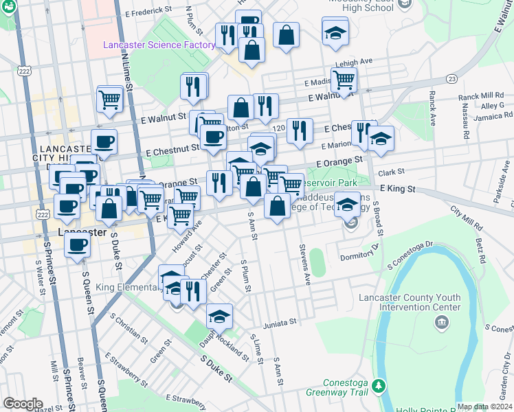 map of restaurants, bars, coffee shops, grocery stores, and more near 515 East King Street in Lancaster