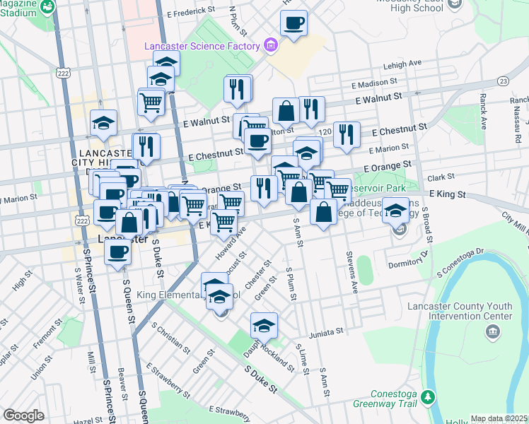 map of restaurants, bars, coffee shops, grocery stores, and more near 22 North Plum Street in Lancaster