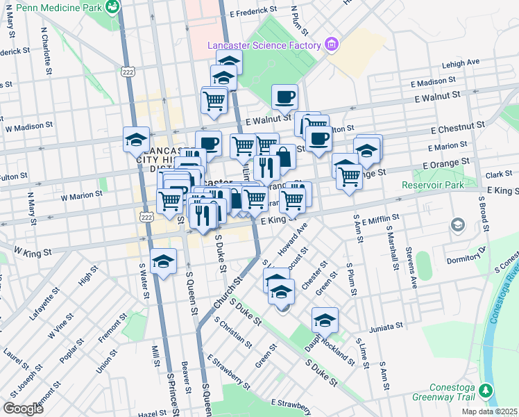 map of restaurants, bars, coffee shops, grocery stores, and more near 225 East Grant Street in Lancaster