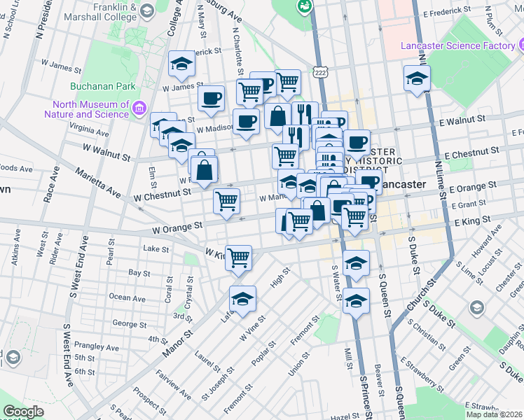 map of restaurants, bars, coffee shops, grocery stores, and more near 119 1/2 North Charlotte Street in Lancaster