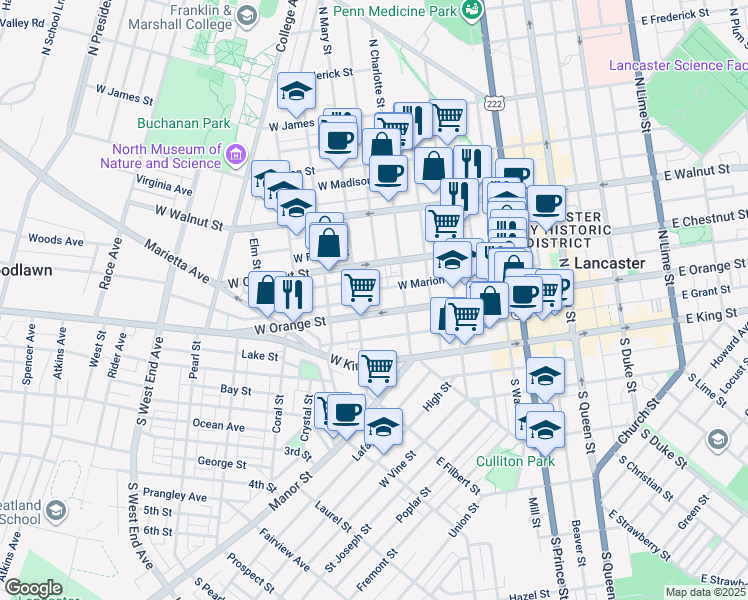 map of restaurants, bars, coffee shops, grocery stores, and more near 423 West Marion Street in Lancaster