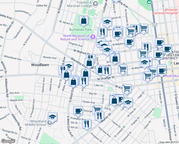 map of restaurants, bars, coffee shops, grocery stores, and more near 144 College Avenue in Lancaster