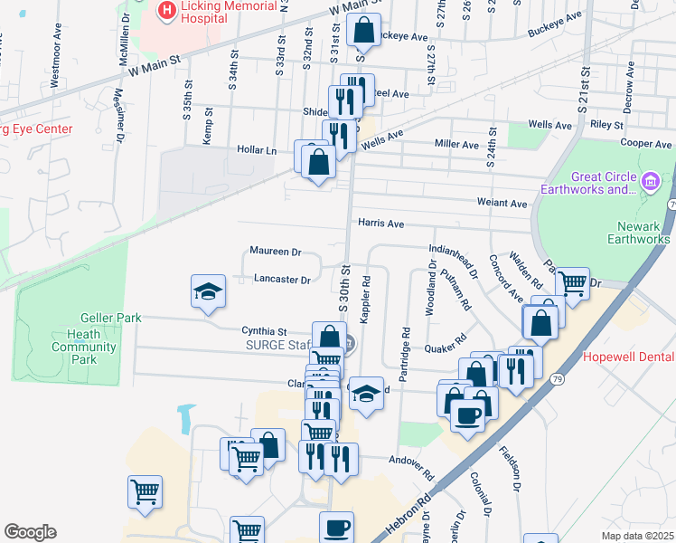 map of restaurants, bars, coffee shops, grocery stores, and more near 8 Wedgewood Drive in Heath