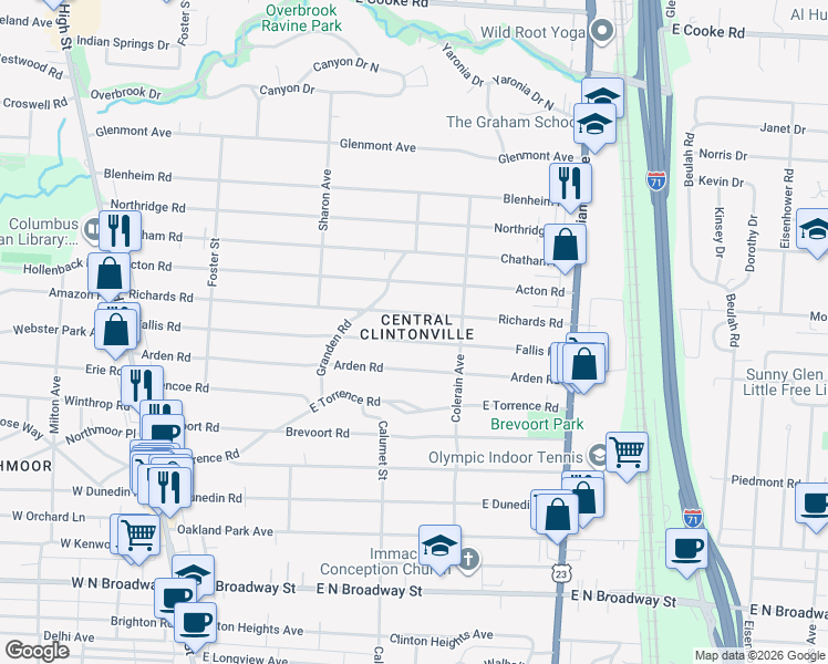 map of restaurants, bars, coffee shops, grocery stores, and more near 393 Richards Road in Columbus