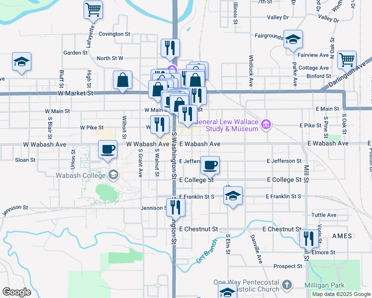 map of restaurants, bars, coffee shops, grocery stores, and more near 222 South Washington Street in Crawfordsville