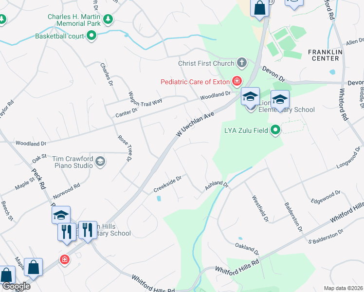 map of restaurants, bars, coffee shops, grocery stores, and more near 11 Whitely Road in Downingtown