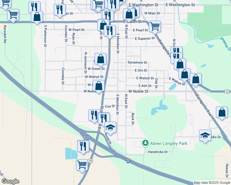 map of restaurants, bars, coffee shops, grocery stores, and more near 1104 South Meridian Street in Lebanon