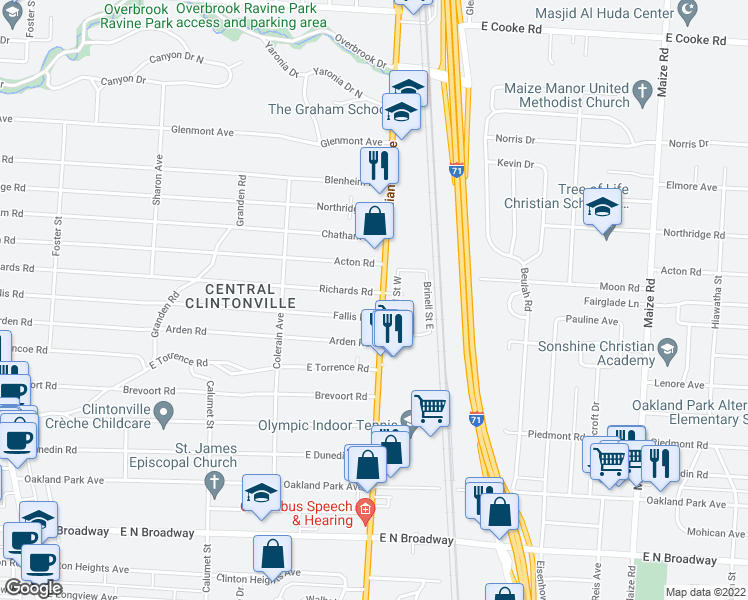 map of restaurants, bars, coffee shops, grocery stores, and more near 3677 Indianola Avenue in Columbus