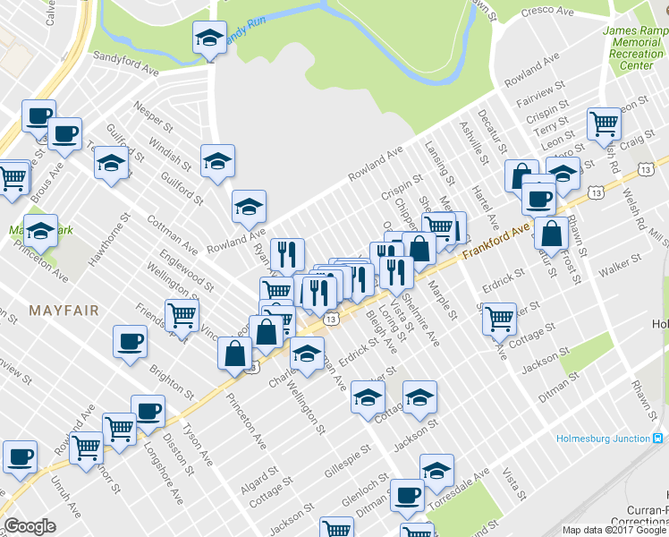 map of restaurants, bars, coffee shops, grocery stores, and more near 3500 Bleigh Avenue in Philadelphia