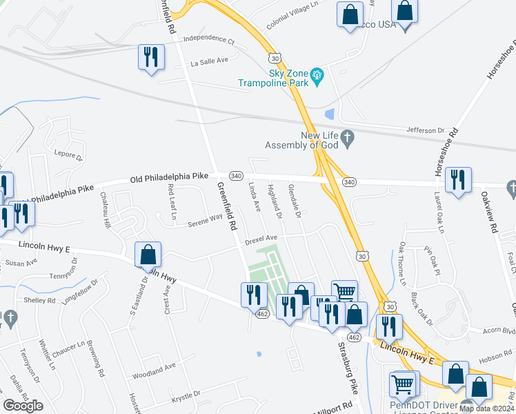 map of restaurants, bars, coffee shops, grocery stores, and more near 81 Linda Avenue in Lancaster