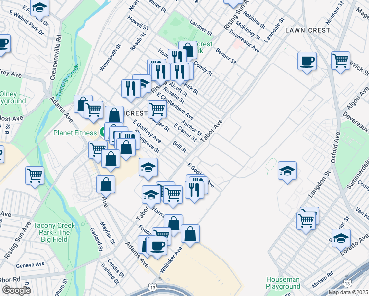 map of restaurants, bars, coffee shops, grocery stores, and more near 639 Brill Street in Philadelphia