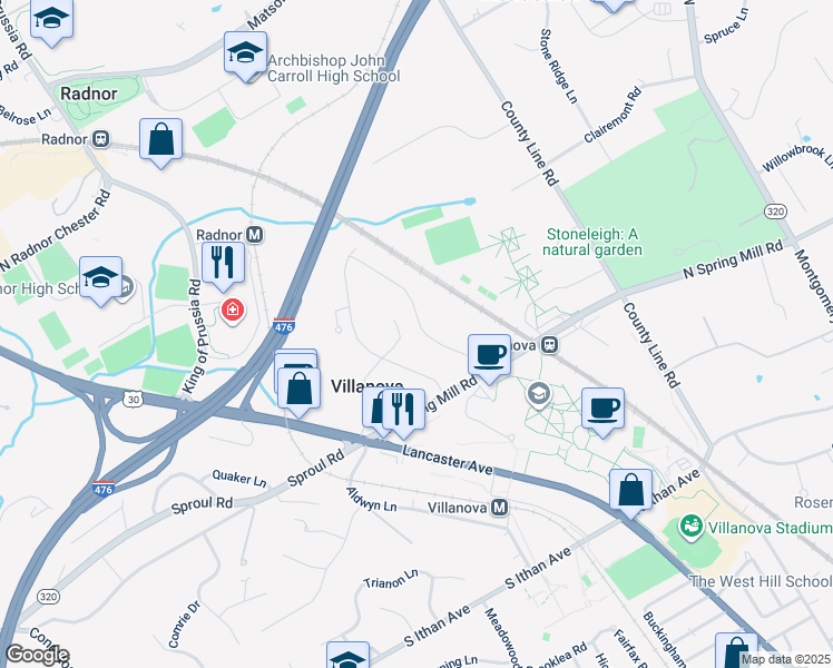 map of restaurants, bars, coffee shops, grocery stores, and more near 236 Hilldale Road in Villanova