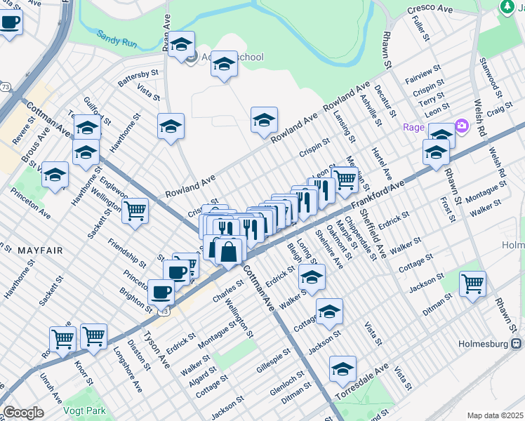 map of restaurants, bars, coffee shops, grocery stores, and more near 3500 Bleigh Avenue in Philadelphia