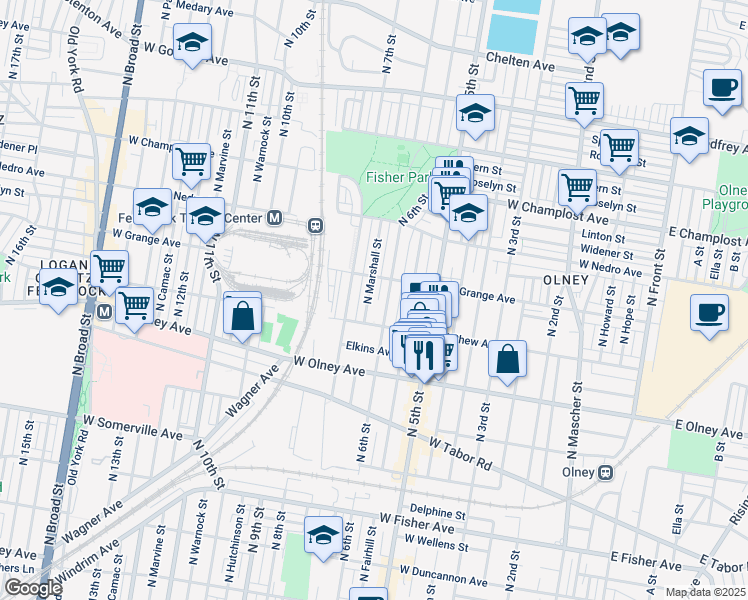 map of restaurants, bars, coffee shops, grocery stores, and more near 5733 North Marshall Street in Philadelphia