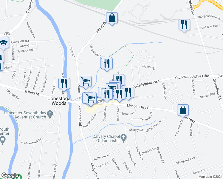 map of restaurants, bars, coffee shops, grocery stores, and more near 1651 Old Philadelphia Pike in Lancaster