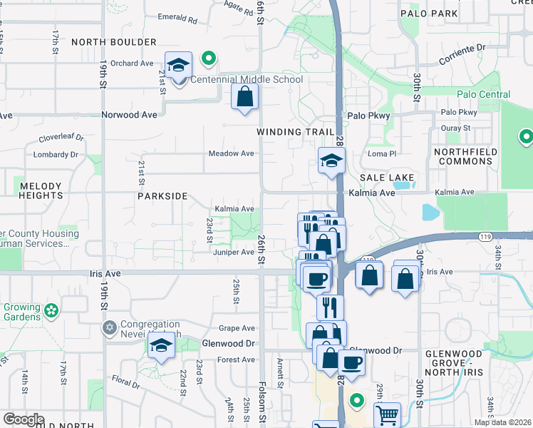 map of restaurants, bars, coffee shops, grocery stores, and more near 2623 Sherwood Circle in Boulder